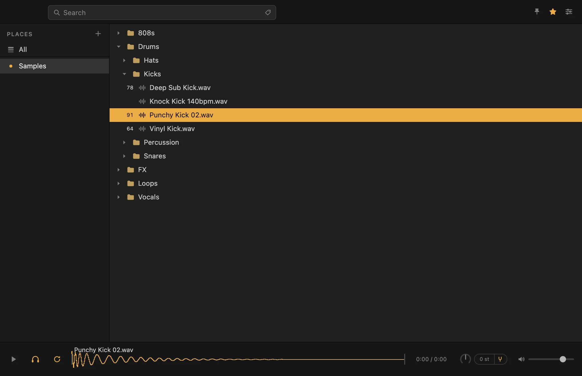 SoundBrowse: Places sidebar on the left, a folder tree with a selected sound in the middle, and a waveform playing along the bottom